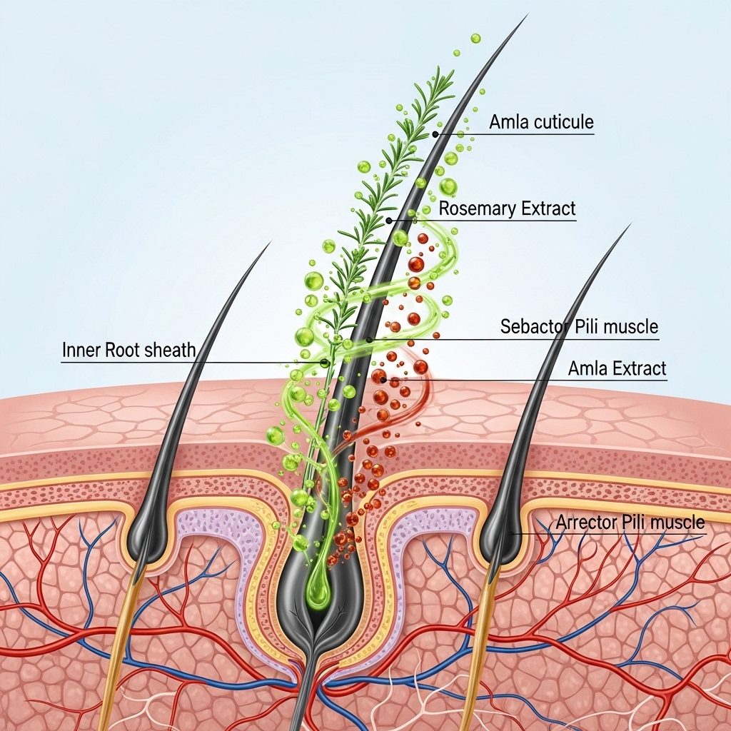 Person with strong, shiny, healthy hair in a bright natural setting with herbal shampoo